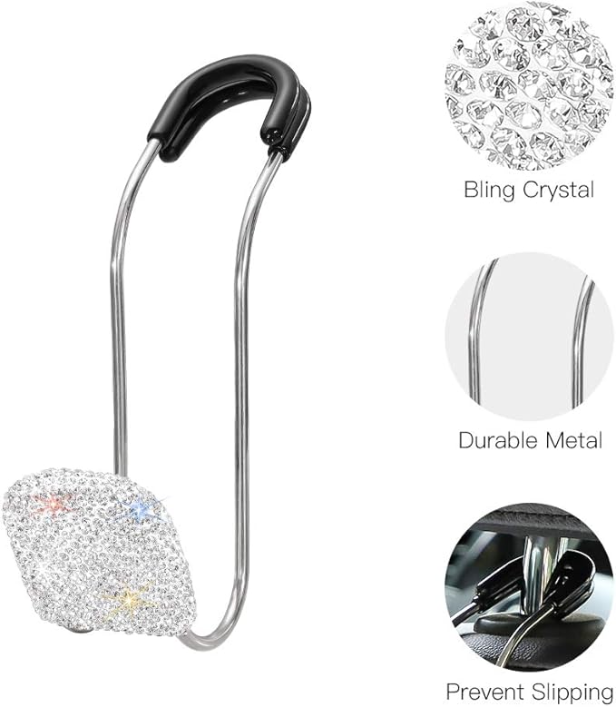 SAVORI Car Headrest Hooks Bling Car Accessories Rhinestones Universal Auto Back Seat Headrest Metal Hanger Organizer Vehicle Holder for Bag Purse Clothes Grocery 2PCS (White)