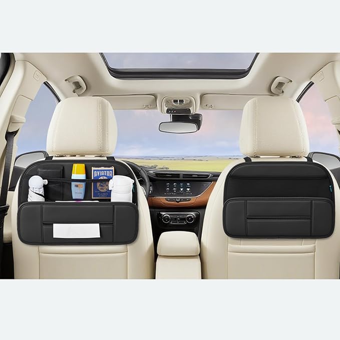 FLORICH 5-in-1 Car Backseat Organizer, Premium Leather Headrest Seat Back Storage Pocket with Cup Holder, Foldable Hanging Car Tissue Holder 1 Pack