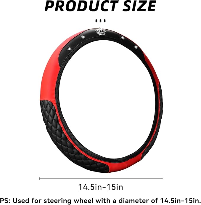 Bling Car Steering Wheel Cover, Diamond Leather Crystal Rhinestones Vehicles Steering Wheel Protector, Sparkling Anti-Slip Automotive Interior Decoration Accessories, Universal Fit (Red)