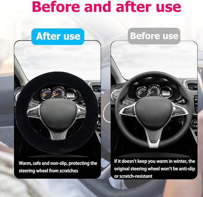 Fluffy Steering Wheel Cover, Winter Warm, Suitable for Most Car Steering Wheels in The 14-15 Inch Range (Black, 3PCS)