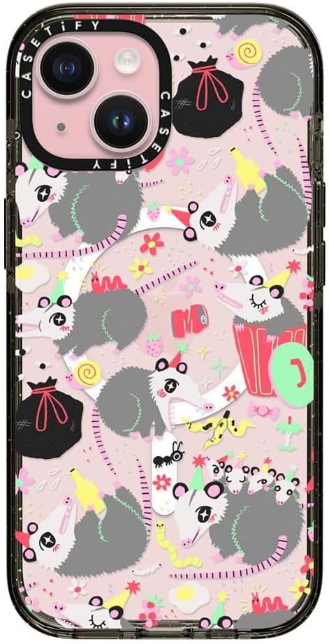 CASETiFY Impact iPhone 15 Case [Slim/Compatible with Magsafe / 8.2 ft. 4X Military Grade Drop Protection] - Opossum Symposium - Clear Black