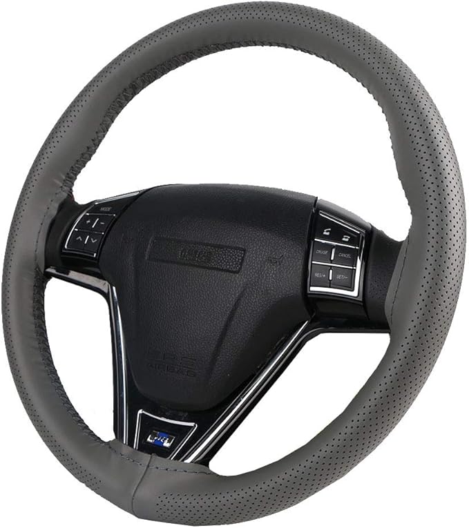 Universal Car Steering Wheel Cover Leather Breathable Design 15 Inch Diameter Cowhide Steering Handlebar Wrap Fit Most Car SUV Gray
