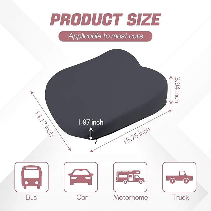 Hovom Car Seat Cushion, Wedge Memory Foam Car Cushion for Driving Seats, Non-Slip Adult Booster Seat Cushions Pad for Driver, Raise Height to Improve Driving Vision & Tailbone Pain Relief (Gray)