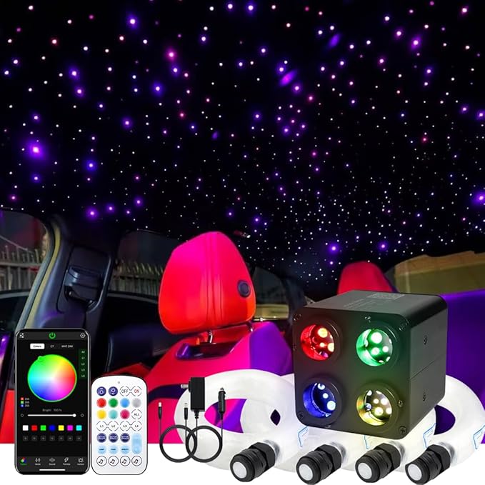 AZIMOM 4Port 36W Twinkle 1200pcs 0.03in 13.1ft Fiber Optic Starlight Headliner Kits 4Colors Light Source Sound Activated Remote APP Control Home Indoor Ceiling Car Headliner Decoration