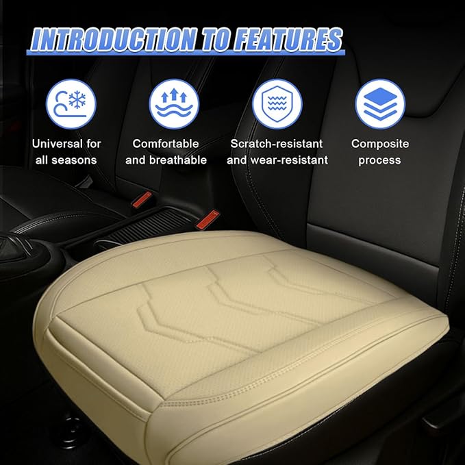 Luxury Faux Leather Car Seat Cover - Anti-Slip Waterproof Drive Seat Cushion Car Front Bottom Seat Cover with Storage Pocket - Universal Full Wrap Seats Protector for Cars SUV Trucks(Beige)