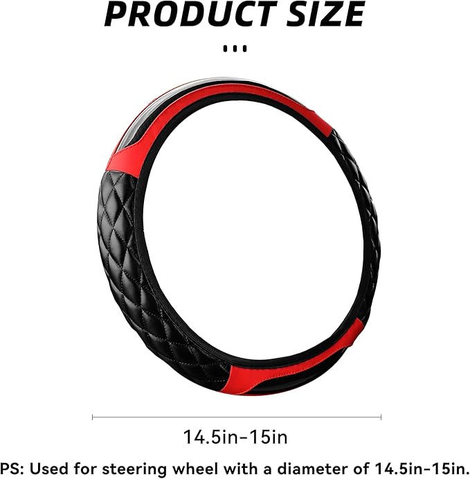 Car Steering Wheel Cover, 14.5-15inch Leather Anti-Slip Car Wheel Cover Protector, Safety Comfortable Desgin, Universal Auto Steering Wheels Accessories for Cars Truck SUV (Red)
