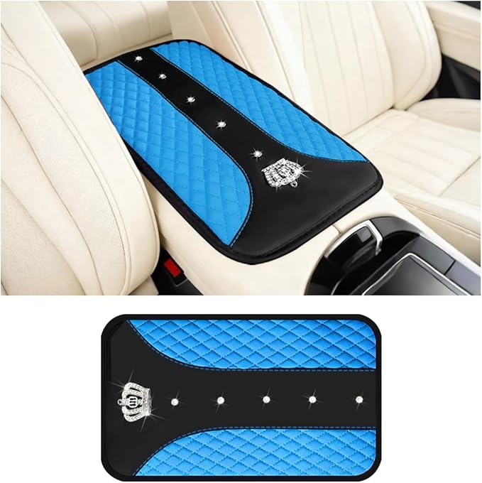 Bling Car Center Console Cover, Crown Crystal Rhinestones Vehicle Armrest Mat Protector, Anti Slip Sparkling Automotive Arm Rest Seat Box Cushion Pad Decor Accessories, Universal Fit (Blue)
