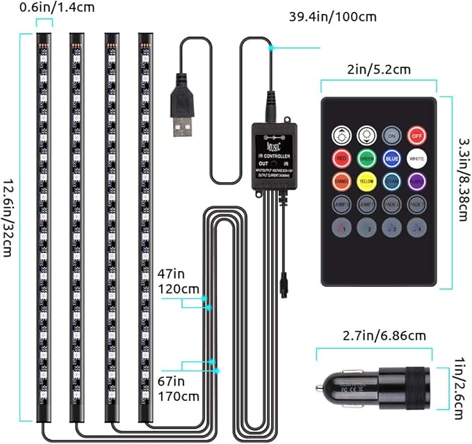 Car Interior Lights 72 LEDs, 4X Car LED Strip Lights Including Cigarette Charger, LED RGB Floor Car Lights with Music Changing Remote Control Decorative Atmosphere Ambient Lighting Kits