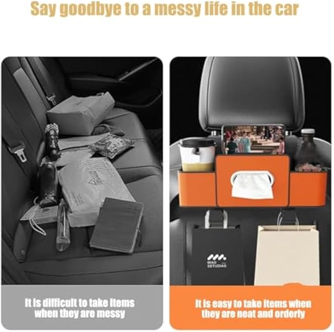 Car Organizers and Storage Box, Multifunctional Car Organizer and Storage Box Back Seat, 3-in-1 Holder Tissue Dispenser, Phone Stand for Snacks, Drinks, Bag Hook, Keep Tidy & Organized (White)