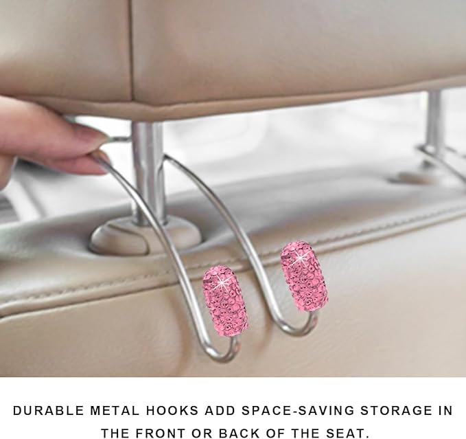 2PCS Car Headrest Hook, Bling Diamond Auto Hooks Stainless Steel Backseat Hangers, Universal Rhinestone Cute Seat Back Organizer Hanger for Purse Bag Clothes, Car Accessories (Pink)