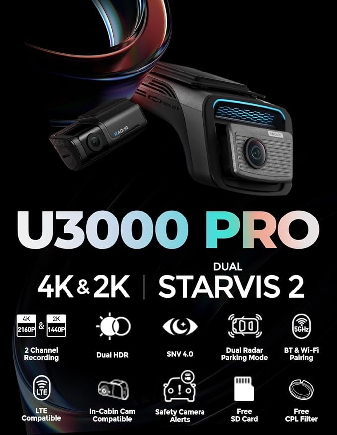 THINKWARE U3000 PRO 2CH 4K HDR Dual Dash Cam Front and Rear - 4K+2K STARVIS 2, Super Night Vision 4.0, Radar Parking Mode, Thermal Protection, 5GHz Wi-Fi and GPS - 64GB MicroSD & OBD Cable Incl