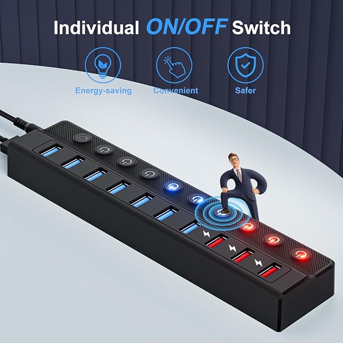 ONFINIO Powered USB Hub, 10-Port USB Splitter Hub (7 Faster Data Transfer Ports+ 3 Smart Charging Port) with Individual LED On/Off Switches and 12V/3A Power Adapter USB Extension for Mac, PC and More