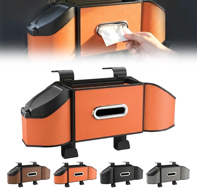 7-in-1 Car Backseat Organizer,Multifunctional Car Organizers and Storage Box with Cup Holder, Tissue Box,Trash Bin,Phone Mount and Hooks,Car Essentials Accessories for Women and Men (Orange)