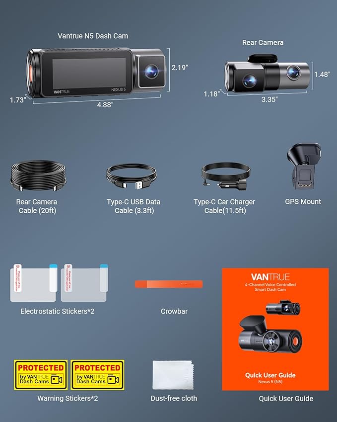 Vantrue N5 4 Channel WiFi 360° All Sides Dash Cam, STARVIS 2, IR Night Vision, 2.7K+1080P*3 Front Rear Inside Dashcam, Voice Control, GPS, 24 Hours Buffered Parking Mode Dash Camera, 512GB Max (N5)