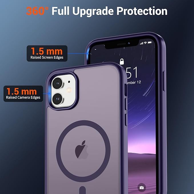 SUPFINE Magnetic for iPhone 12 Mini Case & iPhone 13 Mini Case (Compatible with MagSafe) (Military Grade Drop Protection) Slim Translucent Matte Shockproof Phone Cover,Dark Purple