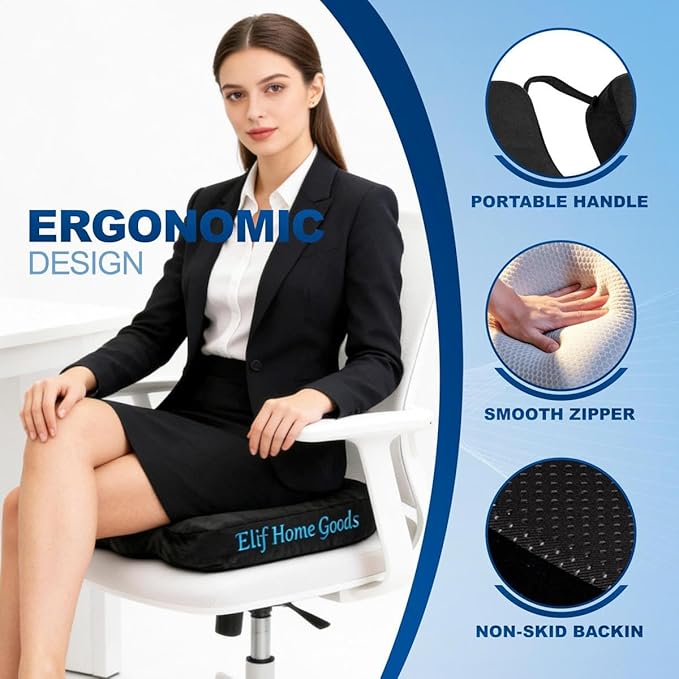 Velvet Seat Cushion Pillow for Office Chair - Memory Foam Pad for Tailbone, Sciatica, Lower Back Pain Relief, Ergonomic and Non-Slip, Machine Washable Cover (Velvet, Black)