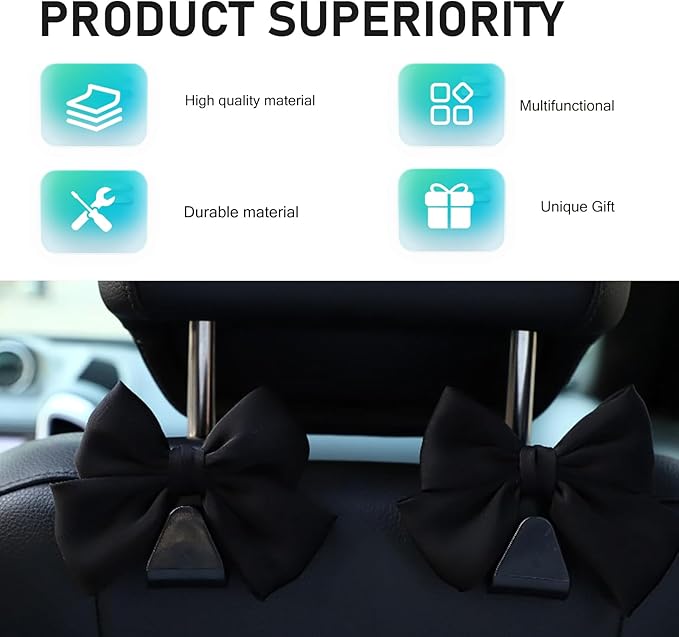 2 PCS Car Seat Headrest Hooks, Cute Bow Back Seat Storage Hangers for Handbag Purse Coat, Universal Auto Organizer Hooks (Black)