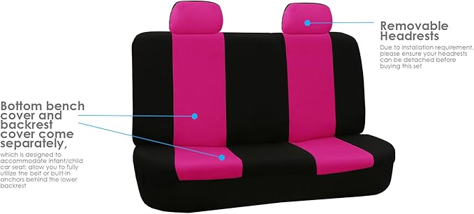 FH Group Car Seat Covers Flat Cloth Automotive Pink Full Set, Rear Solid Bench Universal Fit Combo Steering Wheel Cover & Seat Belt Pads Car Seat Protector for Cars Trucks SUV Interior Accessories