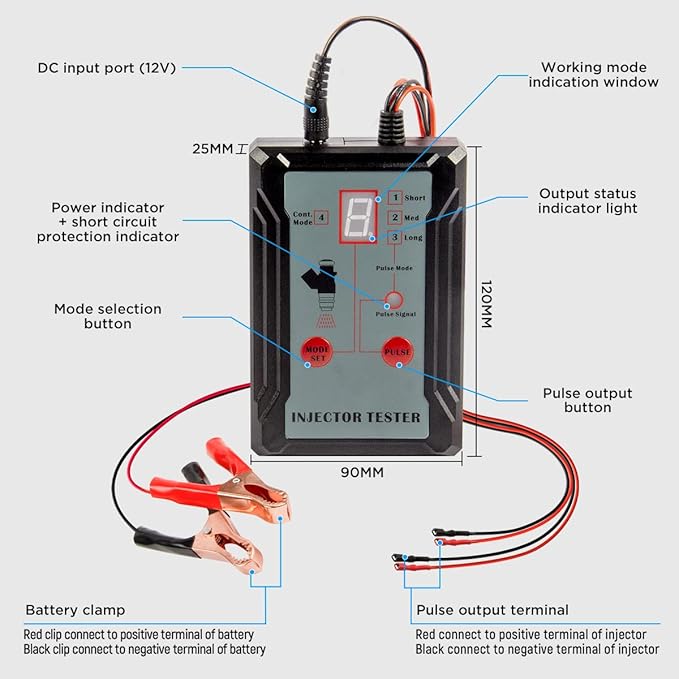 Fuel Injector Tester Cleaner Kit 8 Pulse Modes Injector Tester 2 Fuel Injectors Simultaneously Tester DIY Cleaning Tools with 40inch Power Cord,2 Injector Cleaner Adapter,Short Circuit Protection 12V