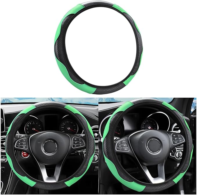 LoyaForba Car Steering Wheel Cover, Microfiber PU Leather Elastic Carbon Fiber Auto Steering Wheel Protector, Universal 15 Inch Breathable Anti-Slip, Car Interior Accessories for Most Cars (Green)