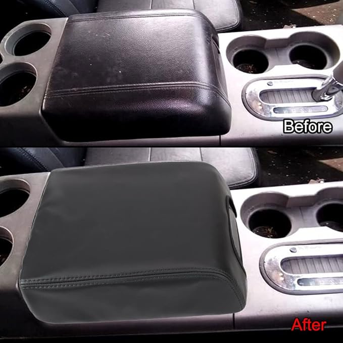 XITER 1PC Leather Center Console Armrest Box Cover Waterproof Cushion Pad for F150 2004-2008 Not Fit Jump Seat Console(Black Stitches)