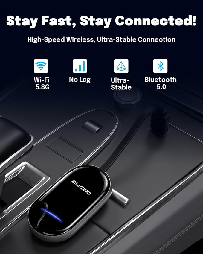 ZUCWO 2-in-1 Wireless CarPlay Adapter and Android Auto Adapter – Converts Wired to Wireless for Cars 2016+, Plug & Play, USB-A to USB-C for iOS10+/Android 11+