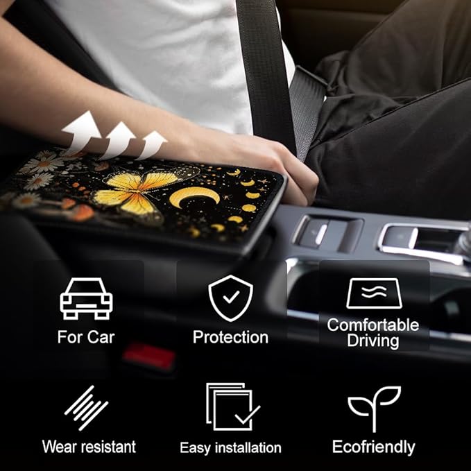 1pc Center Console Armrest Cover Pad 12.6x7.5 inch Butterfly Neoprene Car Armrest Cushion Waterproof Armrests Seat Box Cover Protector for Universal Cars Vehicles SUVs