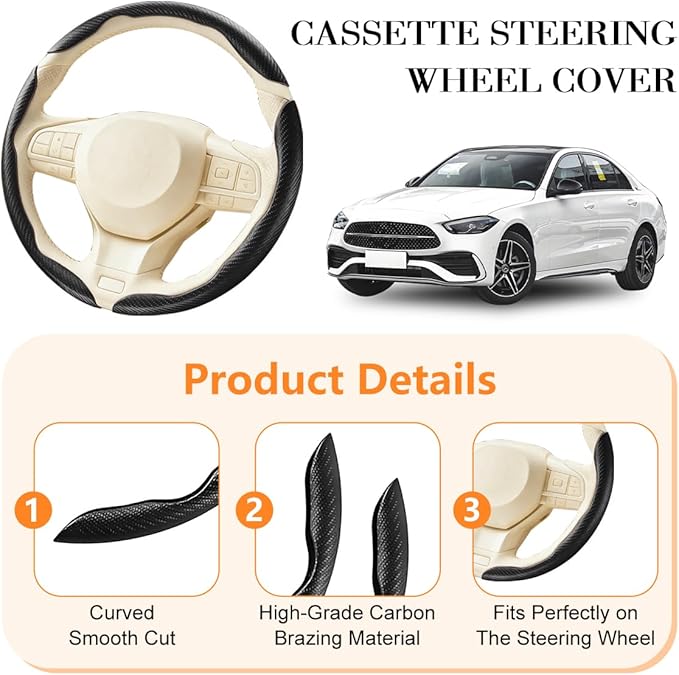 3PCS Carbon Fiber Car Steering Wheel Cover, Leather Segmented Anti-Skid Steering Wheel Protector, Snap on Automotive Interior Protection Accessories, Universal for Vehicles (Black)