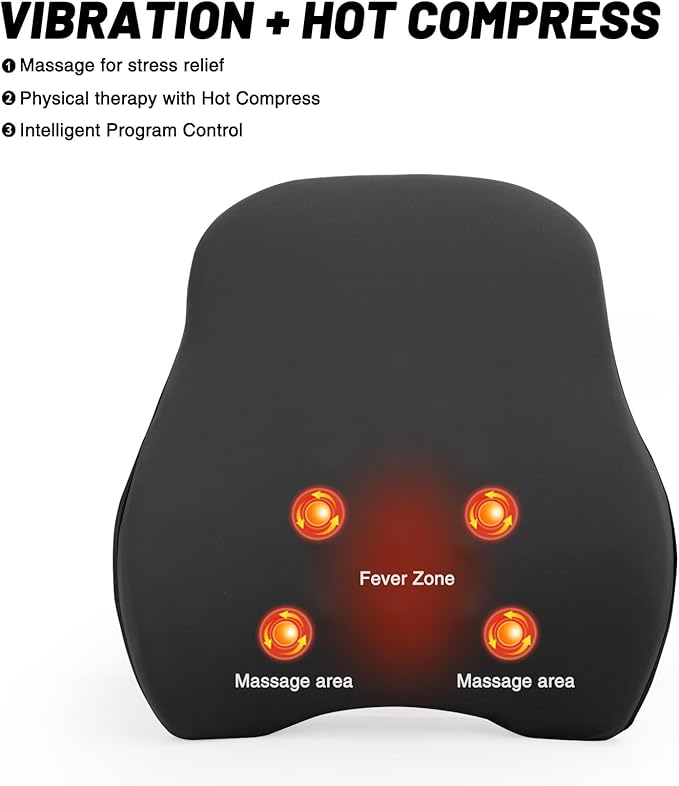 lumbar support pillow for office chair lumbar support pillow for car Heated vibrating pillow back support for office chair for recliner 3 Heating Levels & 4 Motors & 3 Intensities, Gifts,Black
