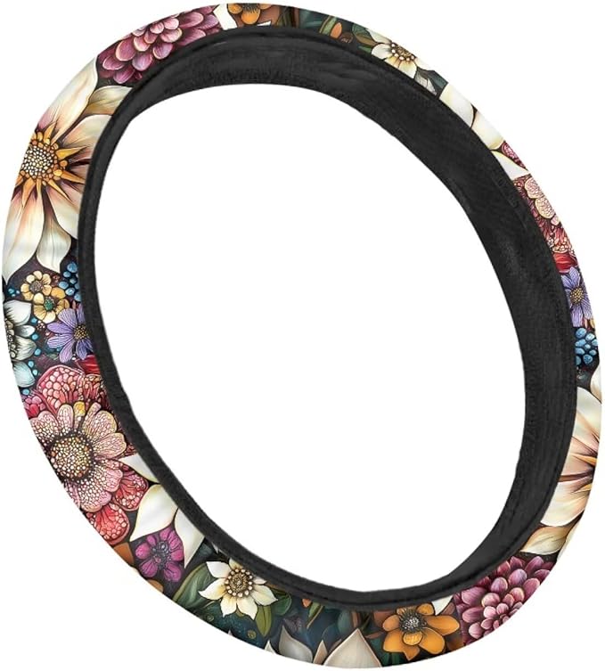 AFPANQZ Boho Flower Pattern Auto Steering Wheel Covers Sweat Absorption Comfort Grip Anti-Slip Safety Stretch-on 14-15 inch Easy Fix Machine Washable Steering Wheel Protection