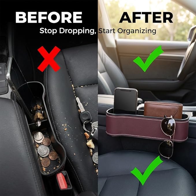 Car Seat Gap Filler Organizer, 2026 New Premium Leather Console Organizer for Holding Phone, Sunglasses, Auto Console Side Storage Box with Cup Holders 2 Seat Hooks for Drink (Brown, Passenger Seat)