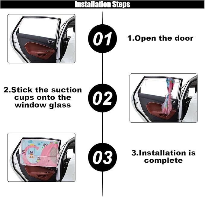 Car Window Shade for Baby, Blackout Car Window Curtain with Storage Pockets & 7 Suction Cups, Cartoon Pattern Cars Side Window Sun Shade Cover for Sun/Heat/UV Rays Protection (Pink-Elephant)
