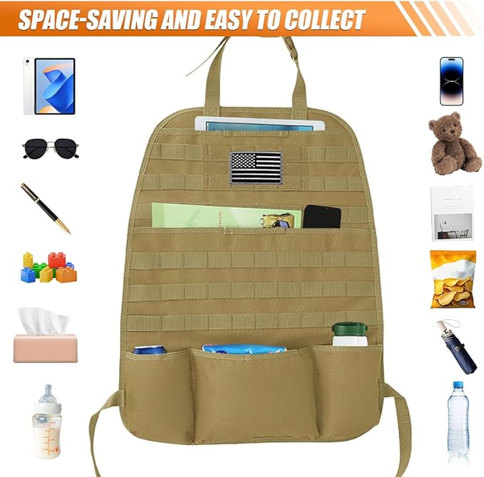 Tactical Molle Car Seat Back Organizer, Vehicle Panel Car Seat Back Cover Protector with 5 Storage Pouch, Universal Backseat Storage Organizer with USA Flag Patch for Car SUV Truck (Khaki-1 Pc)