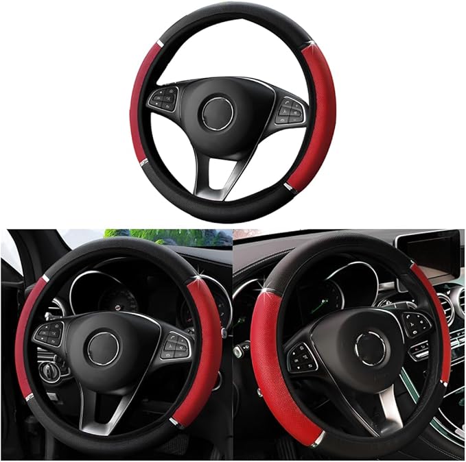 Car Steering Wheel Cover, Non-Slip, Elastic, Steering Wheel Cover for Men and Women, Universal Fit 15 Inches Cars, Vehicles, SUVs (Red)