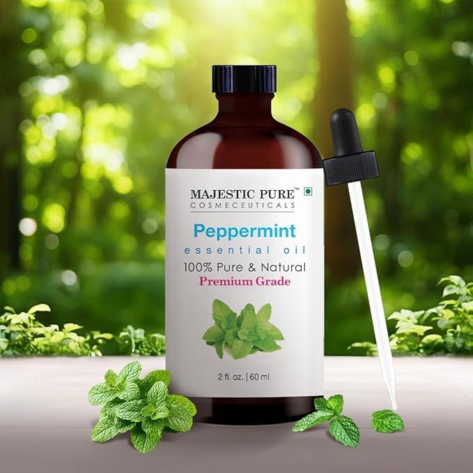 Majestic Pure Essential Oil with Glass Dropper - 100% Pure and Natural - Essential Oils for Diffuser, Aromatherapy, Soap and Candle Making, Peppermint Essential Oil, Peppermint Oil, 2 Fl Oz