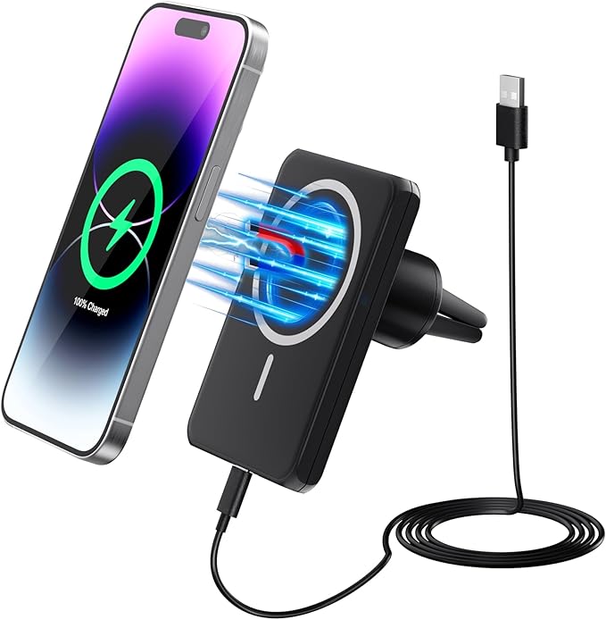 MagSafe Car Charger Mount 7.5W Magnetic Wireless Car Vent Holder for iPhone 15/14/13/12 Series, Strong Grip, 360° Rotatable, Safety Protected, Black