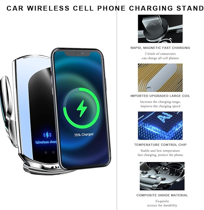 Wireless Car Charger, 15W Fast Charging Air Vent Mount Auto-Clamping Phone Holder, Automotive Electric Induction Charger 360° Rotating Magnetic Vent Mount Bracket for Smartphones (Silver)