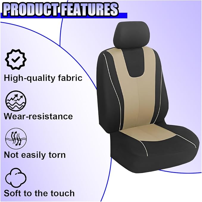 YoRise 2PCS Car Seat Covers, Comfortable Breathable Front Seat Covers, Highly Elastic Automotive Seat Protector Cover Accessories for RV, SUV, Truck, Sedan (Beige)