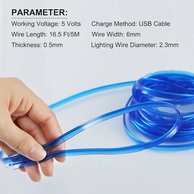 EL Wire Interior Car LED Strip Lights, 16.5FT USB Neon Glowing Strobing El Wire Strip with 6mm Sewing Edge, Ambient Lighting Kits for Car Inside Decorations (Blue)
