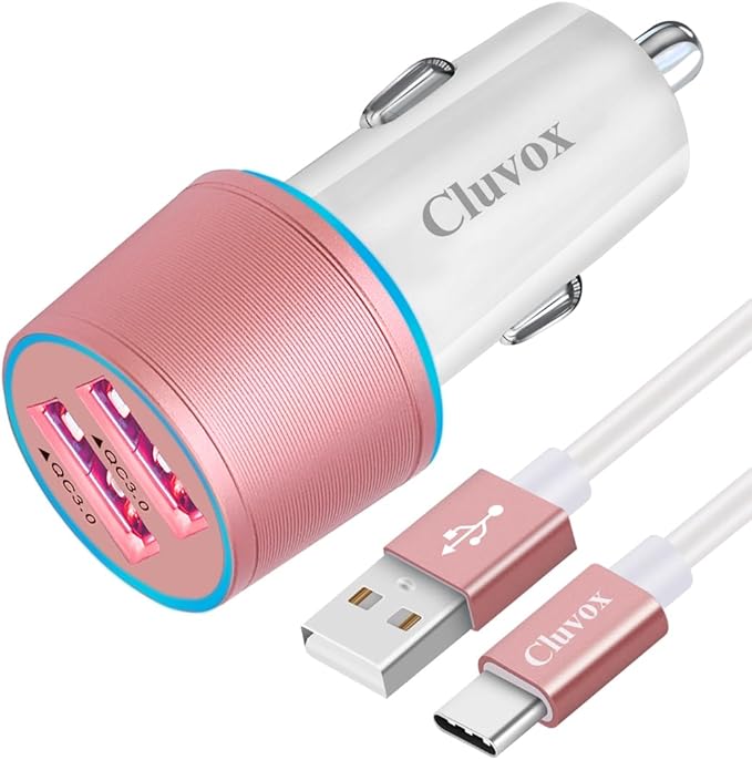 Fast USB Car Charger for Samsung Galaxy A56/A55/A54/A53/A50/A17/A16/A15/A14/S26/S25/S24/S23/S22 Plus/Ultra/Note 20/A21/A31/A51 Quick Charge 3.0 Dual USB Rapid Car Charger with Type C Cable 3.3ft-Pink