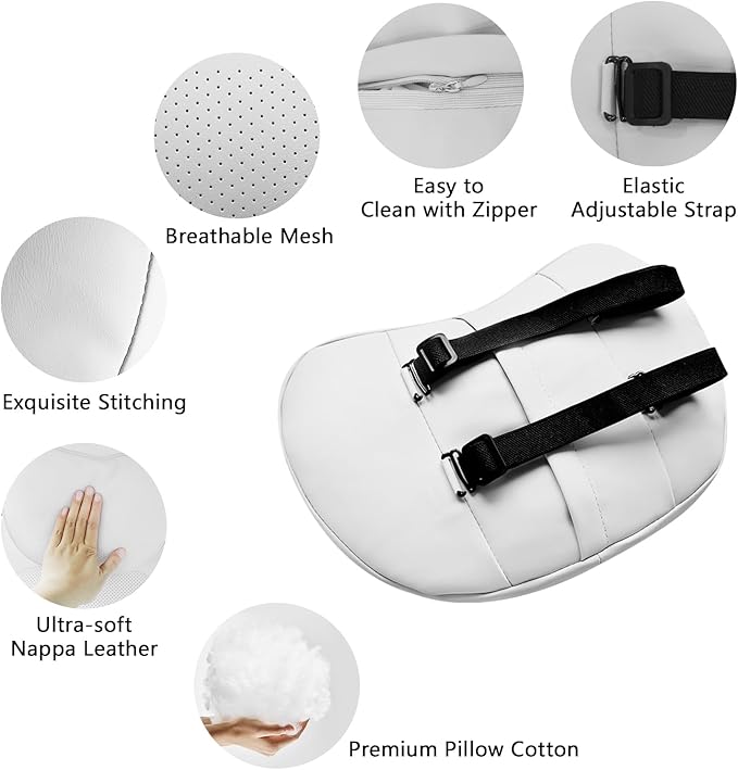 Headrest Pillow Comfortable Neck Pillow Support Cushion for Tesla Model 3 Highland Model Y Model S Model X Cybertruck Adjustable Strap Soft Leather Pillow for Driving, 1 Pack, White