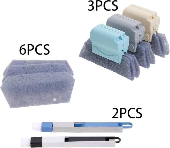 Magic Window Track Cleaning Tools Set, Window Sill Track Cleaner Tools, Clean Scraper, 3Pcs Cleaning Brush and 6Pcs Replacement Cloth, 2Pcs Clean Brush