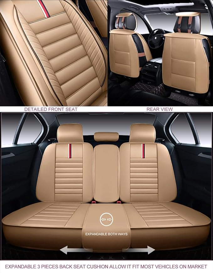 OASIS AUTO Car Seat Covers Full Set Premium Waterproof Faux Leather Cushion Universal Accessories Fit SUV Truck Sedan Automotive Vehicle Auto Interior Protector (OS-001 Tan)