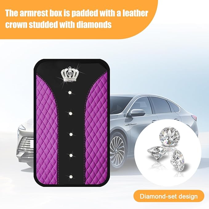 Bling Car Center Console Cover, Crown Crystal Rhinestones Vehicle Armrest Mat Protector, Anti Slip Sparkling Automotive Arm Rest Seat Box Cushion Pad Decor Accessories, Universal Fit (Purple)