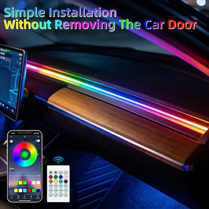 Acrylic Interior Car LED Lights with Remote and Wireless APP, Ambient Lighting Kits Fiber Optic Strip LEDs,16 Million Colors Music&DIY Function (1 in 1)