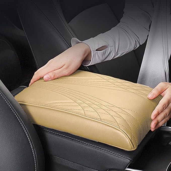 Car Center Console Cover, Memory Foam Car Armrest Cover, Beige Arm Rest Covering Car, Middle Organizer Elbow Pillow, Leather armrest Cover for Car/SUV/Truck/Auto (No.2 Beige)