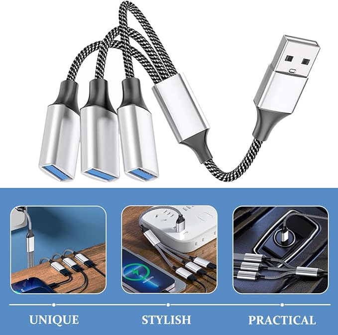 SHOWERORO Portable USB Splitter Cable Male to Female Multi-Function Hub for Laptop with Fast Data Transfer Compact Silver USB Power Expander
