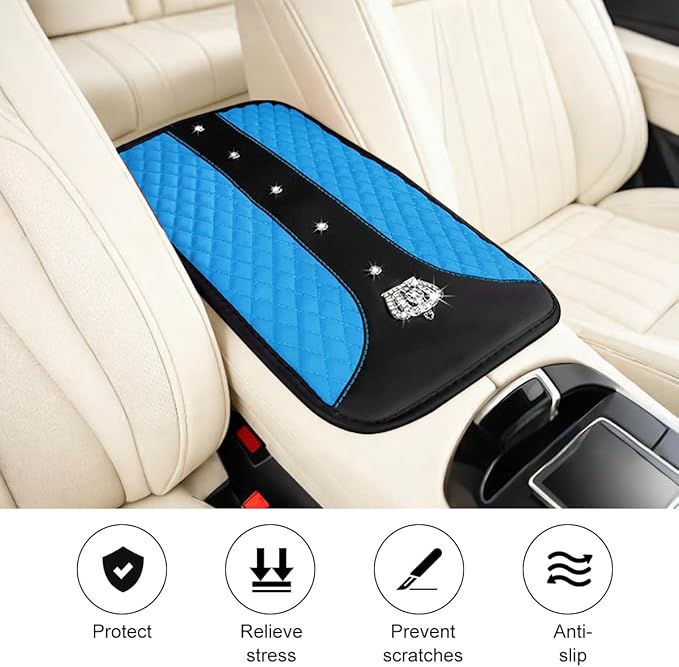 Bling Car Center Console Cover, Crown Crystal Rhinestones Vehicle Armrest Mat Protector, Anti Slip Sparkling Automotive Arm Rest Seat Box Cushion Pad Decor Accessories, Universal Fit (Blue)