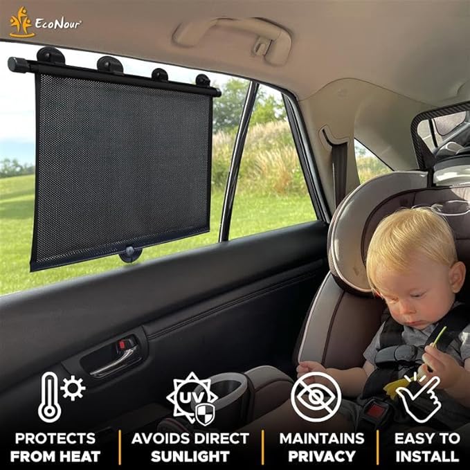 EcoNour Car Window Covers for Baby (2 Pack) | Retractable Car Window Shades for Protecting Kids, Passengers & Pets from Harmful Sun Rays | Window Sun Shade for Trucks, SUVs | (22”x24”)