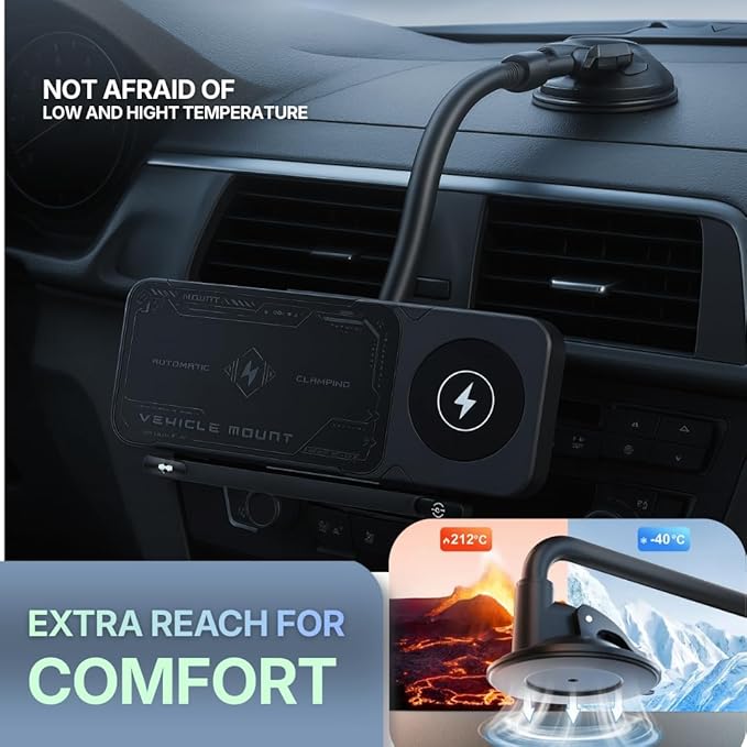 Wireless Car Charger Mount, Auto-Clamping Phone Holder with Fast Charging – Wireless Cell Phone Charging Car Mount for iPhone & Android (Gooseneck Mount)
